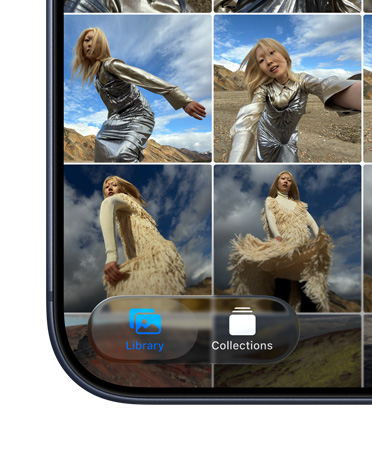 Lewy dolny róg ekranu iPhone’a z apką Zdjęcia, wyświetlającą zakładki Biblioteka i Zbiory w nowej estetyce Liquid Glass