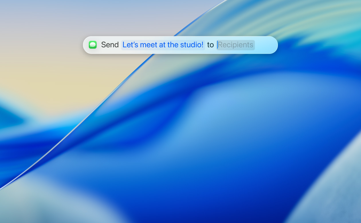 Close-up of the new translucent Spotlight app, a user using the Messages app to send a text to one of their contacts