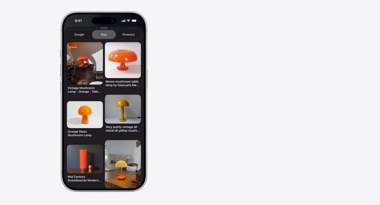 iPhone wyświetla siatkę zdjęć różnych lamp grzybków z Etsy. Obok widoczne są karty Google i Pinterest
