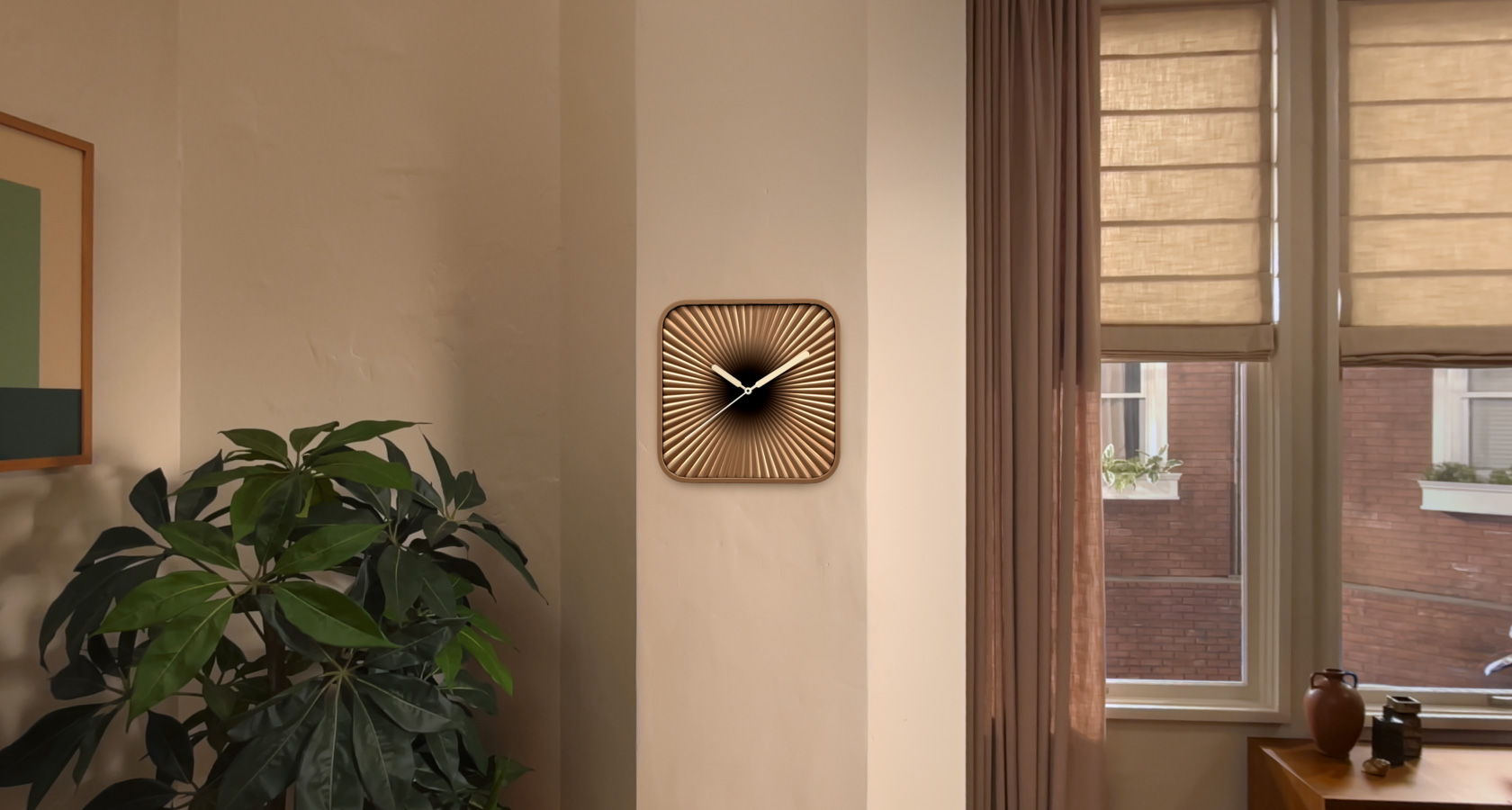 Nahaufnahme des Uhren Widgets in einem Raum an einer Wand, betrachtet durch die Apple Vision Pro