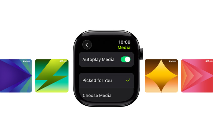Apple Watch in centre in Jet Black, no band, with Picked for You and Choose media options on face, with custom Apple Music wallpapers in background
